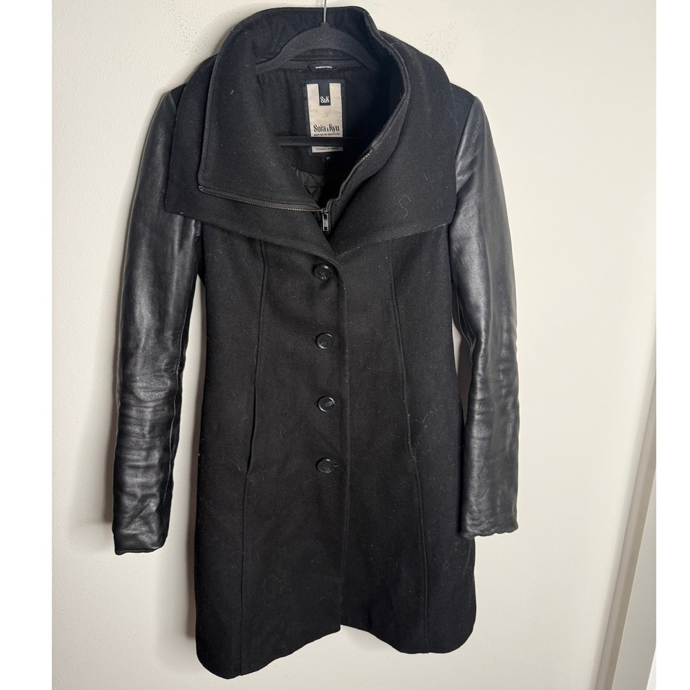 Soia & Kyo Women's Small Black Wool Blend Faux Leather Down Coat Chic Modern